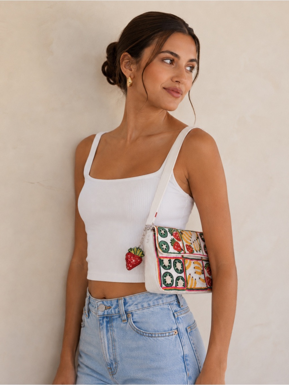 Handmade In India Beaded Shoulder Bag Fruits Snap Closure Patchwork Design NWT